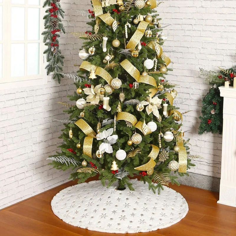 Christmas Tree Skirt Gold Silver Mat White Faux Fur Xmas Carpet Holiday Home Party Decorations | Дом и сад