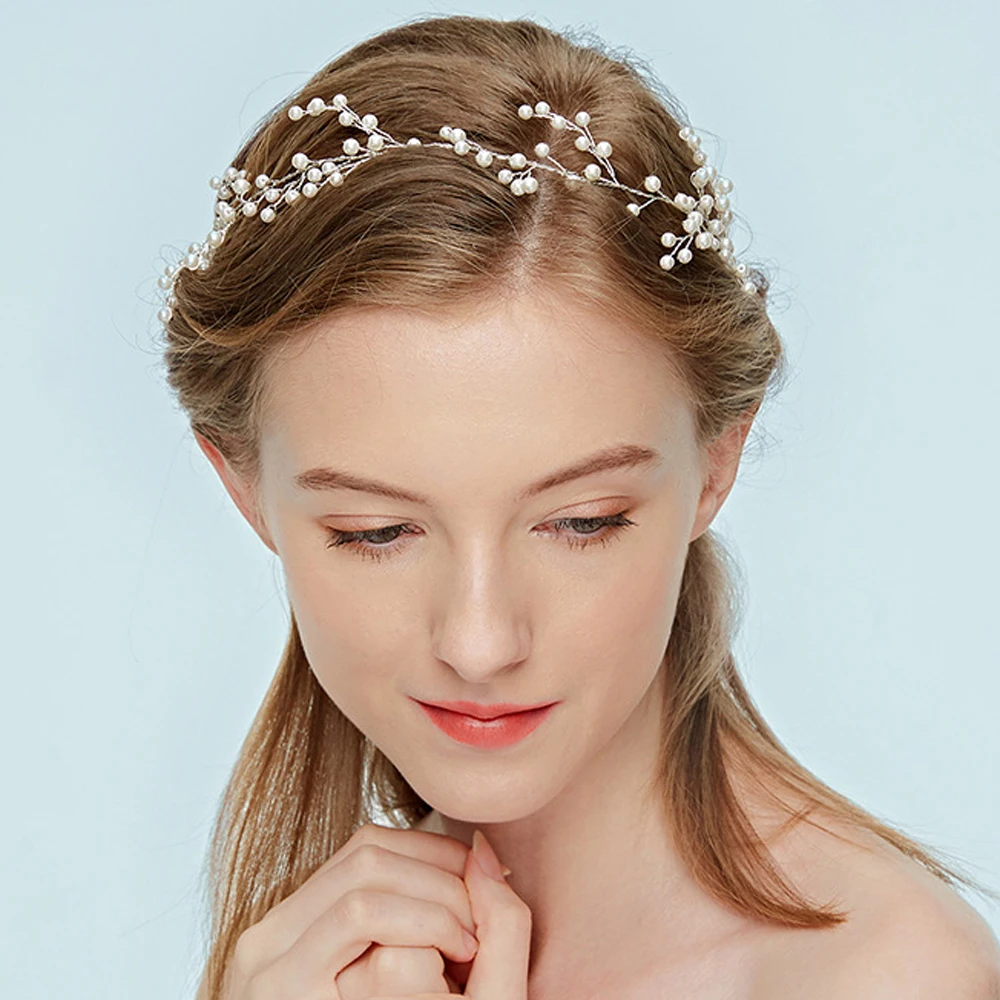 Повязка на голову с жемчужинами и серебряными вставками свадебные аксессуары
