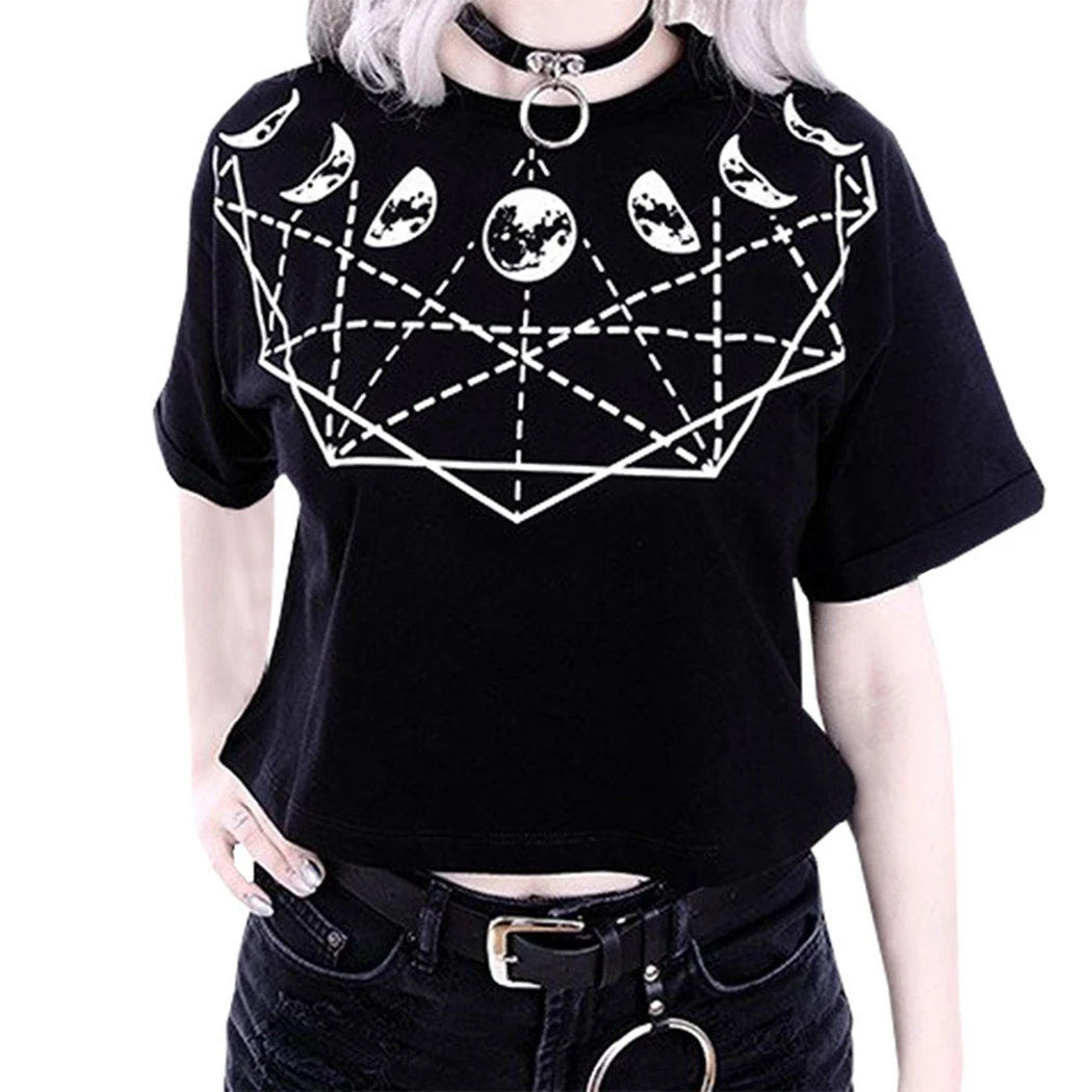 2019 Лето Luna Moon печать футболка для женщин Готический стимпанк Черный Топы
