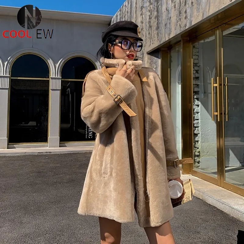 

Korean Fashion Winter New Brand Loose Medium Length Overcoats Qualities Luxury Lapel Sheep Shearing Real Fur Coats Plus Size