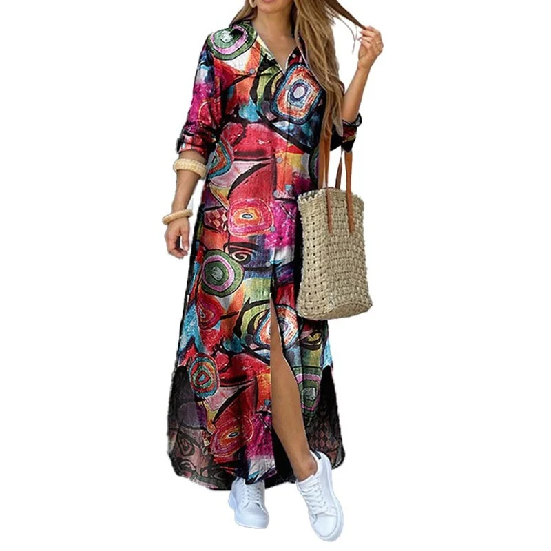 

New European and American Women's Cross Border Trade Amazon Europe Station Spring and Summer Printed Single Breasted Dress