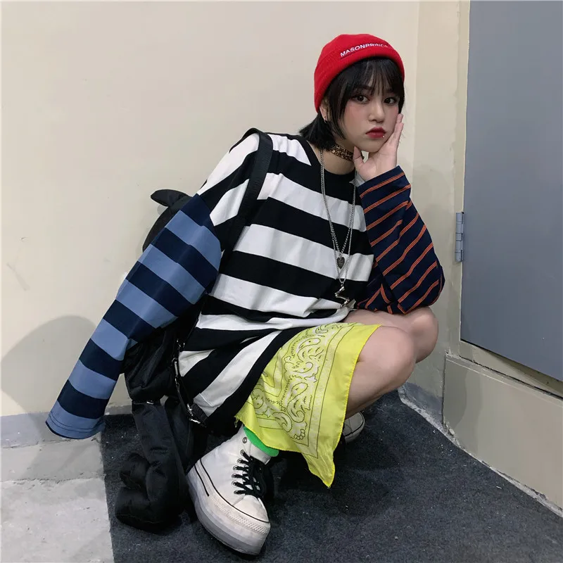 Woherb негабаритных хлопковая футболка с длинным рукавом в полоску принтом виде