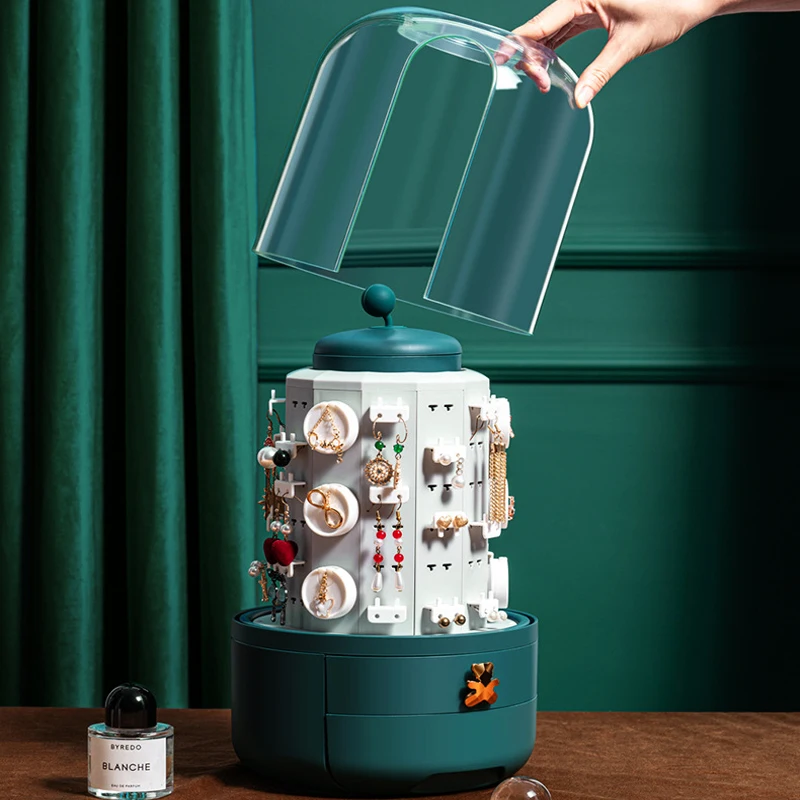 

Dropshipping 360 Rotating Jewelry Box Cosmetic Storage Box Transparent Makeup Organizer Earrings Desktop Organizer For Necklace