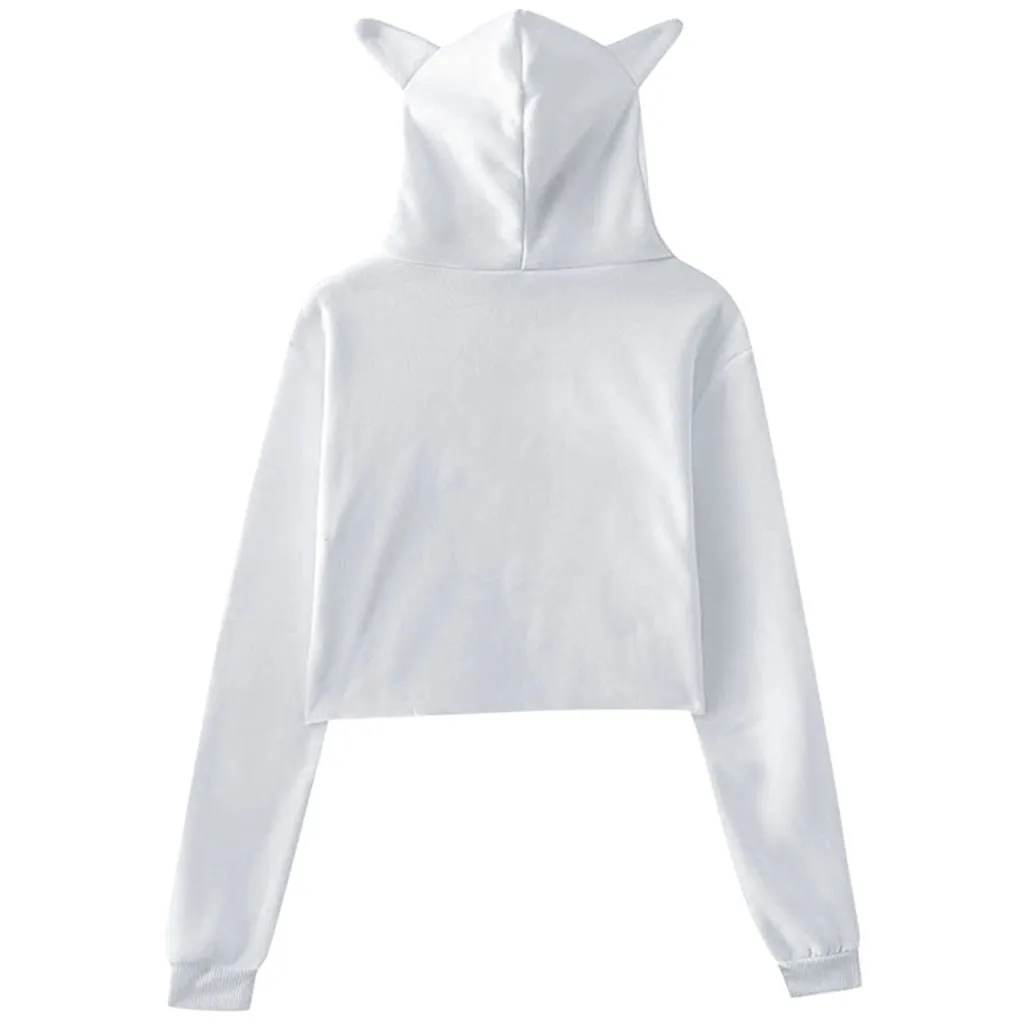 Милые свитшоты с кошачьими ушками женские короткие толстовки sudadera осенние женские пушистые шляпы с капюшоном пуловер Черный Белый kpop