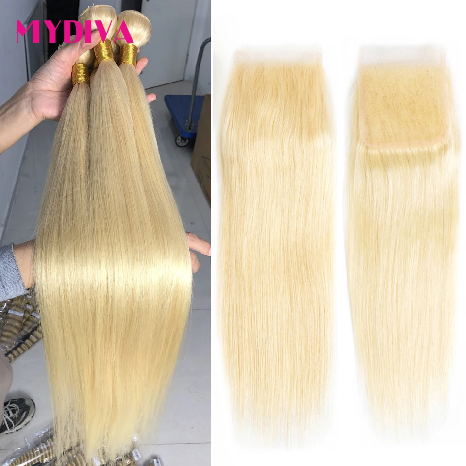 

613 Blonde Bundles With Closure Straight Hair Bundles With Closure Remy Human Hair Weave Extenstions 10-30 32 36 Inch Bundle