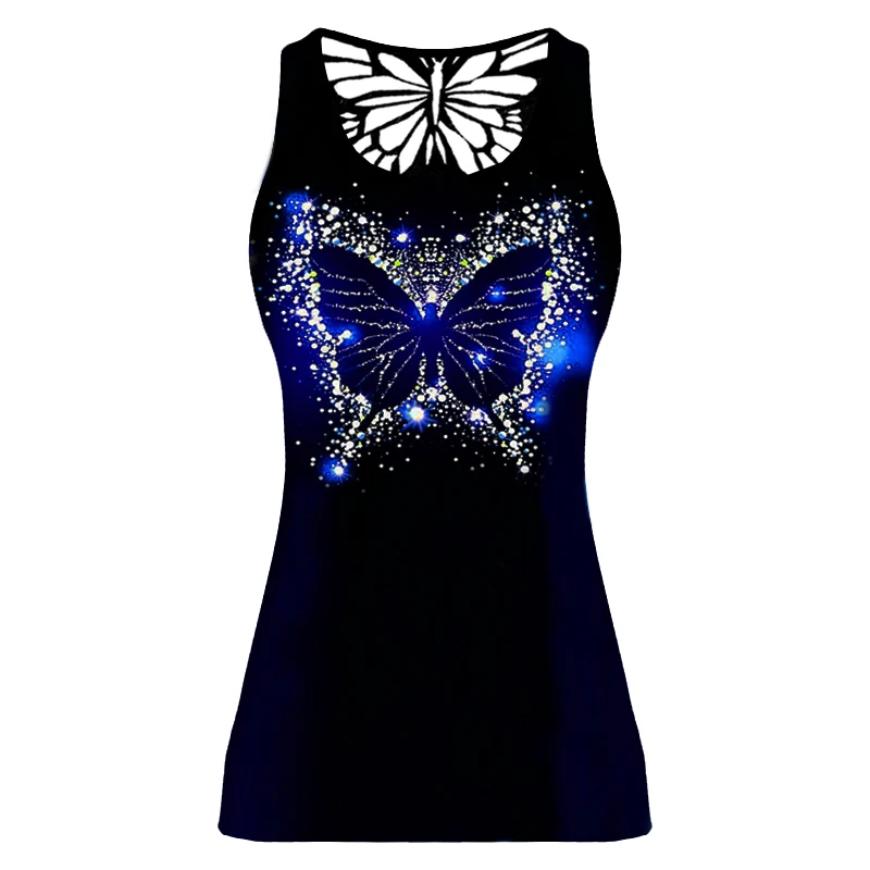 

Fashion Print Butterfly Skinny Vest Tank Top Women Summer Spring Hollow Out Sleeveless Tees Shirt Female Sequined Tshirt 2021