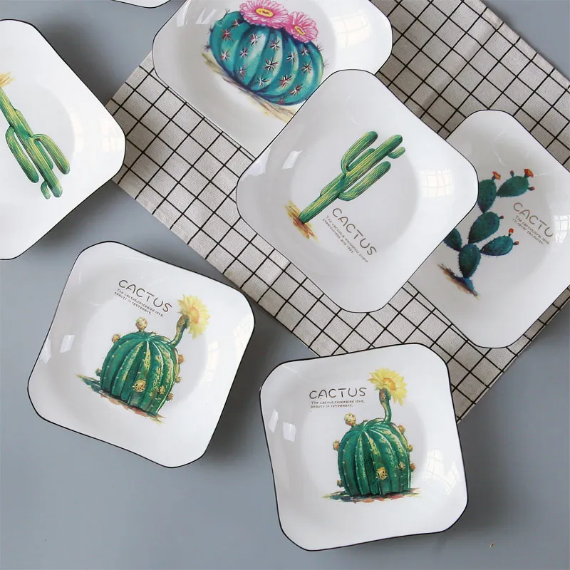 Креативная круглая квадратная керамическая тарелка с КАКТУСОМ и черным краем
