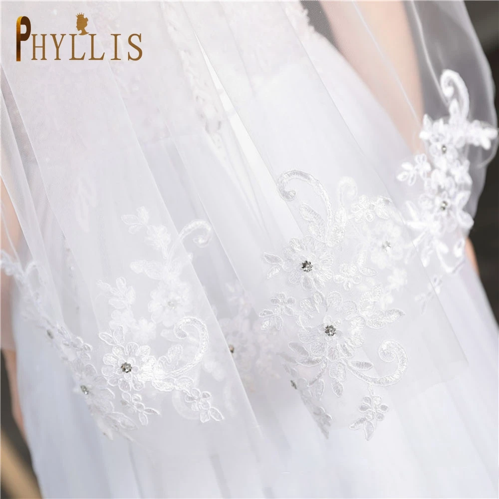 

PHYLLIS B31 Wedding Veil Short with Comb Sparkly Veil With Lace Applique Veil for Girls Married Veil White Ivory Bridal Veil