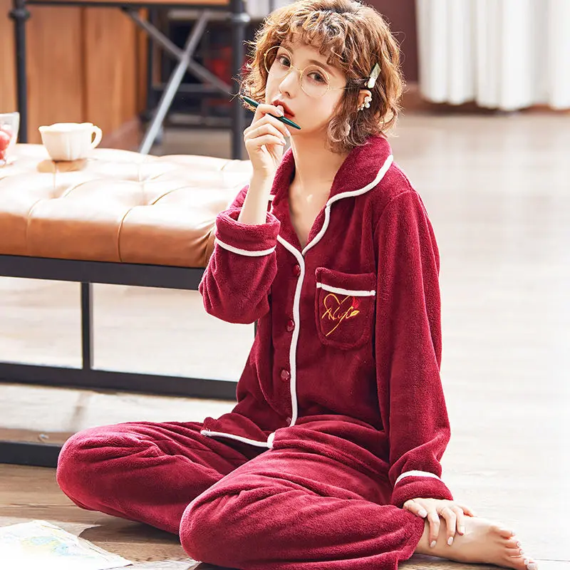 Women Pajama Sets Winter Warm Coral Fleece Women Pajamas Set For Women Flannel Thick Pyjamas Long Homewear Sleep Lounge