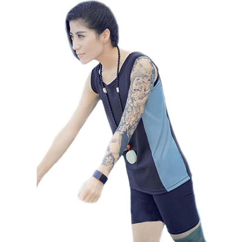 HaleyChan Women Trans Lesbian Tomboy Zip Up Chest Binder Quick-Drying Swimwear Swimsuit Corset Vest Tank Top+Swimming Pants