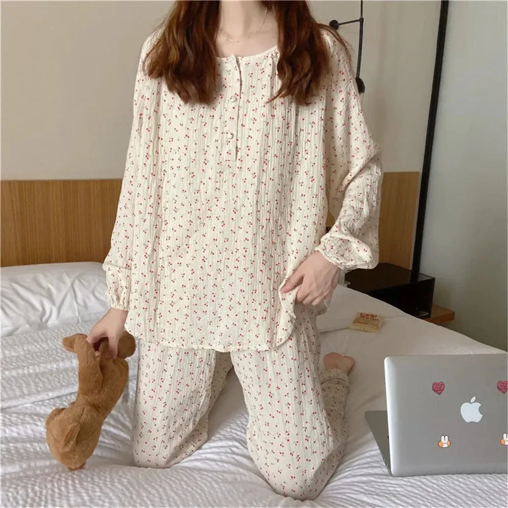 

Vintage Sweet Cherry Print Pajamas Set Women O-Neck Long Sleeve Single Breasted Shirts + Long Pants 2021 Home Suit Japanese Soft