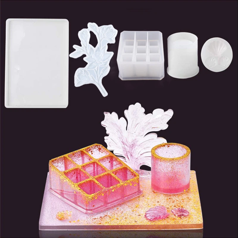 

Resin Molds for Epoxy Crafts DIY 5Pcs Silicone Molds Set with 9-Slot Mold Cylinder Rectangle Leaf Shell Molds for Coaster Tray