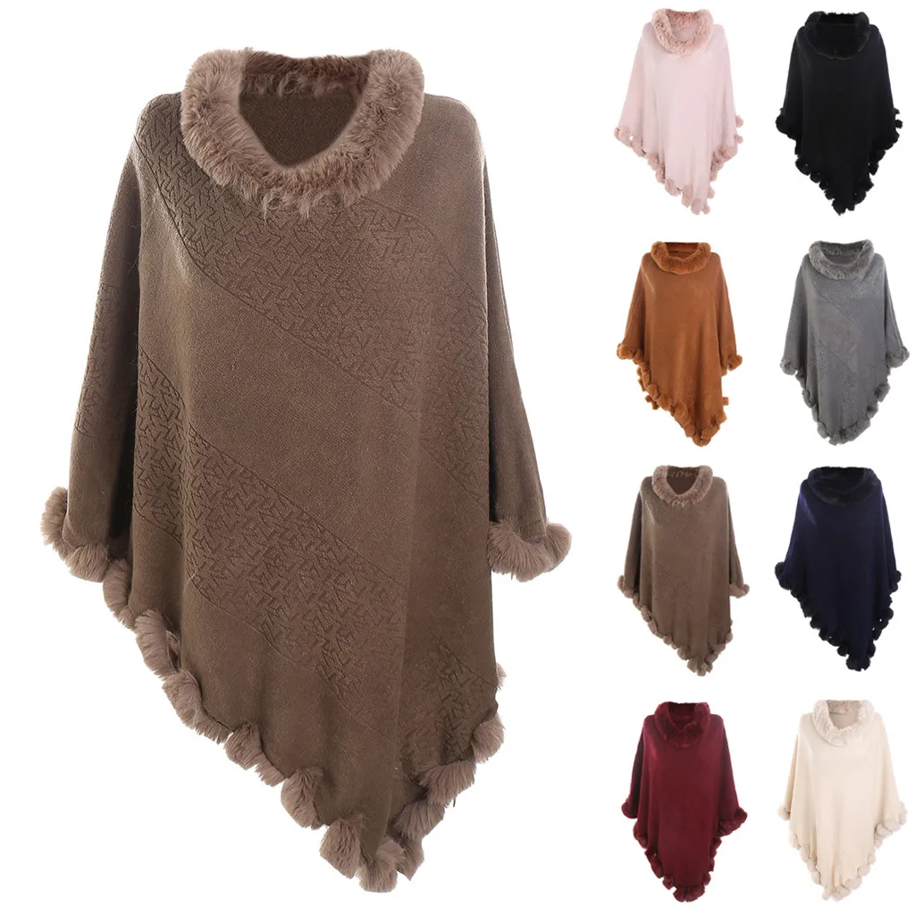 Зимний женский плащ Осенние однотонные накидки шаль кашемир меховой воротник