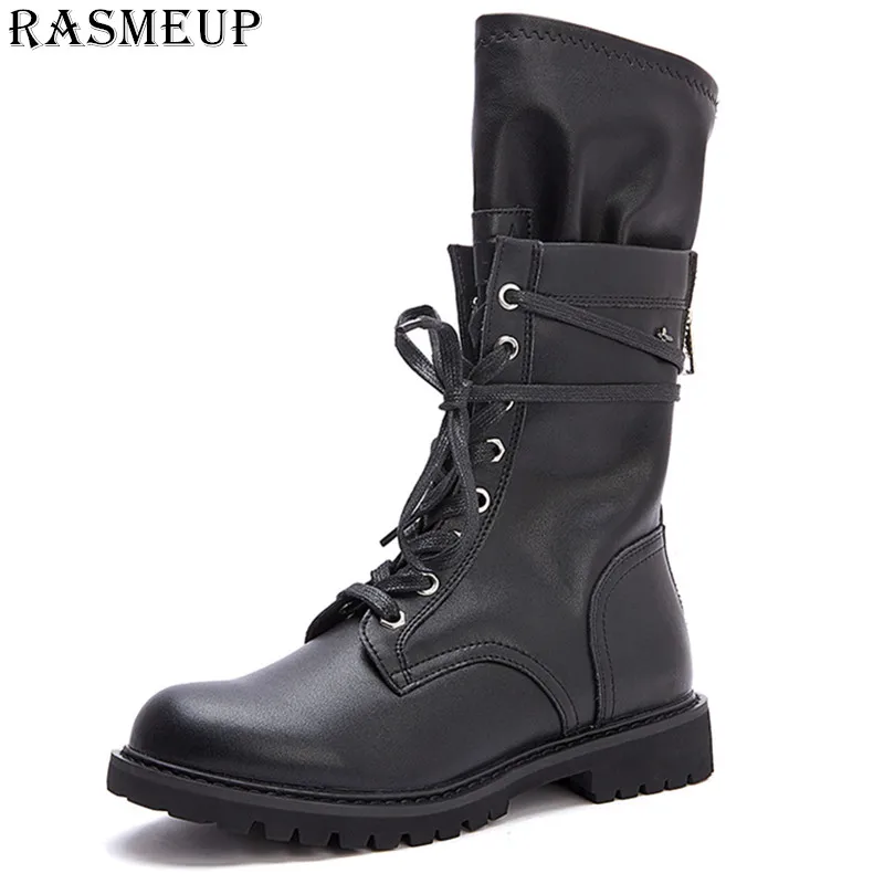 Женские мотоциклетные ботинки RASMEUP черные ботильоны из натуральной кожи на