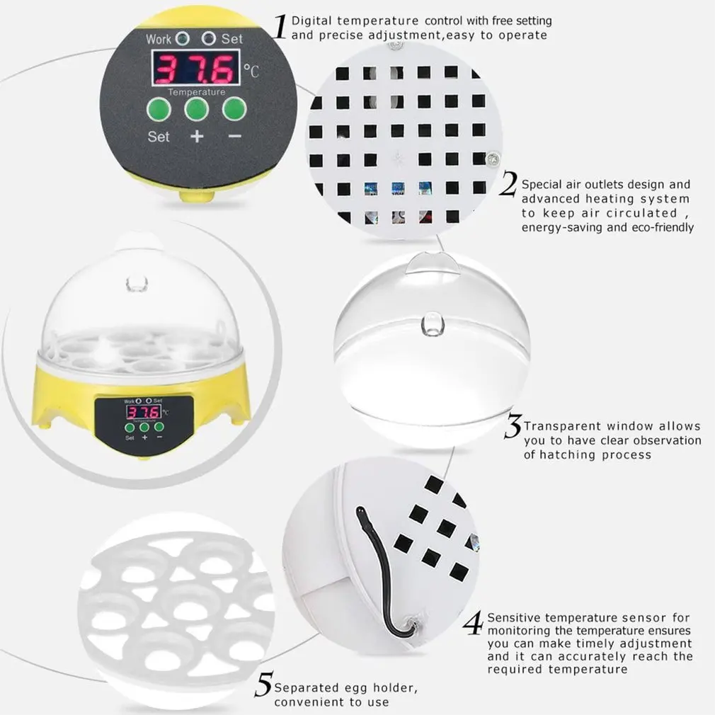 

Small Intelligent Digital 7 Eggs Incubator Brooding Machine Thermostatic Chicken Eggs Semi-automatic Eggs Incubator