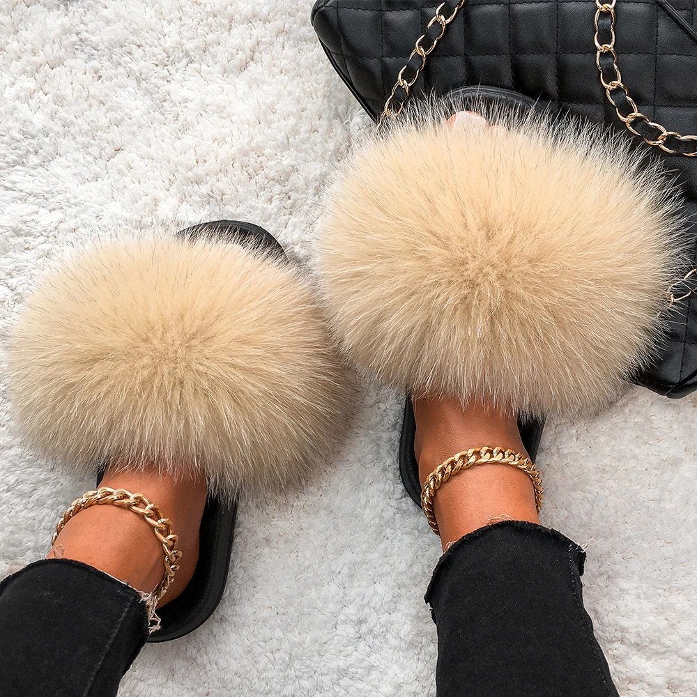 

Ethel Anderson Fluffy Slippers Real FOX Fur Slides Indoor Flip Flops Casual Shoes Woman Raccoon Fur Sandals Vogue Plush Shoes
