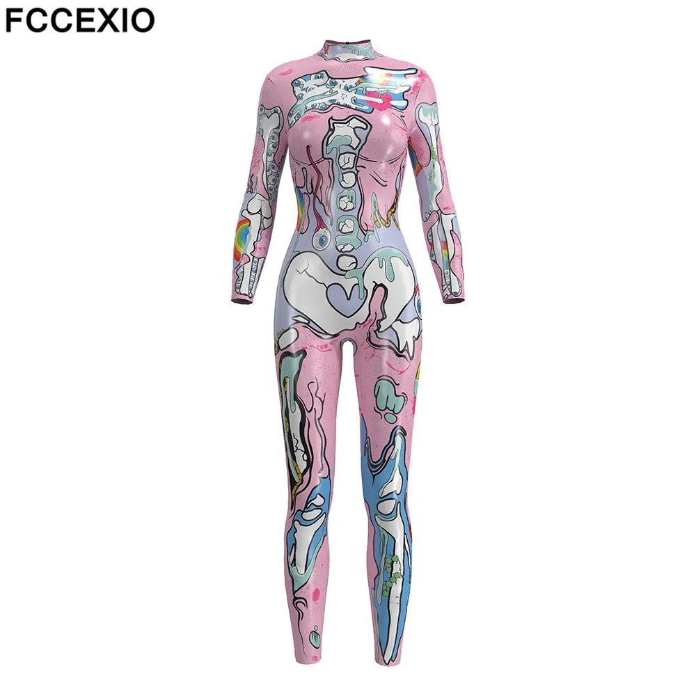 FCCEXIO Halloween Pink Cosplay Costumes For Women Skeleton Print Catsuits Adult Fashion Gothic Bodysuits One-piece Clothing