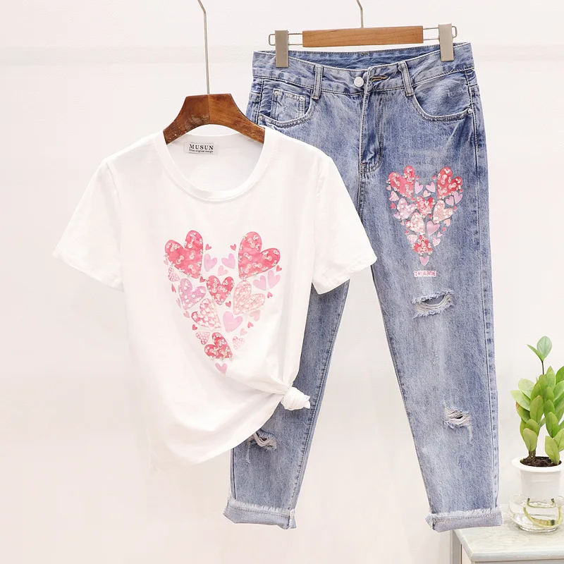 Женский джинсовый комплект футболка с коротким рукавом и блестками из двух