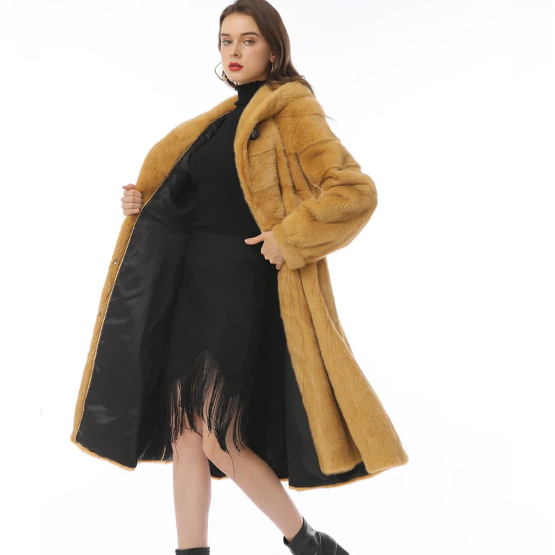 Women Real Fur Coat Long Genuine Leather Hooded Furry Winter Overcoats With Sashes Brown Slim Warm Thick Plus Size Warm Outwear
