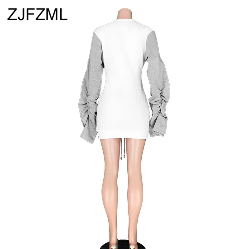 

Contrast Color Splice Casual Mini Dress Women O Neck Ruffles Long Sleeve Bodycon Dress Autumn Winter Drawstring Club Party Dress