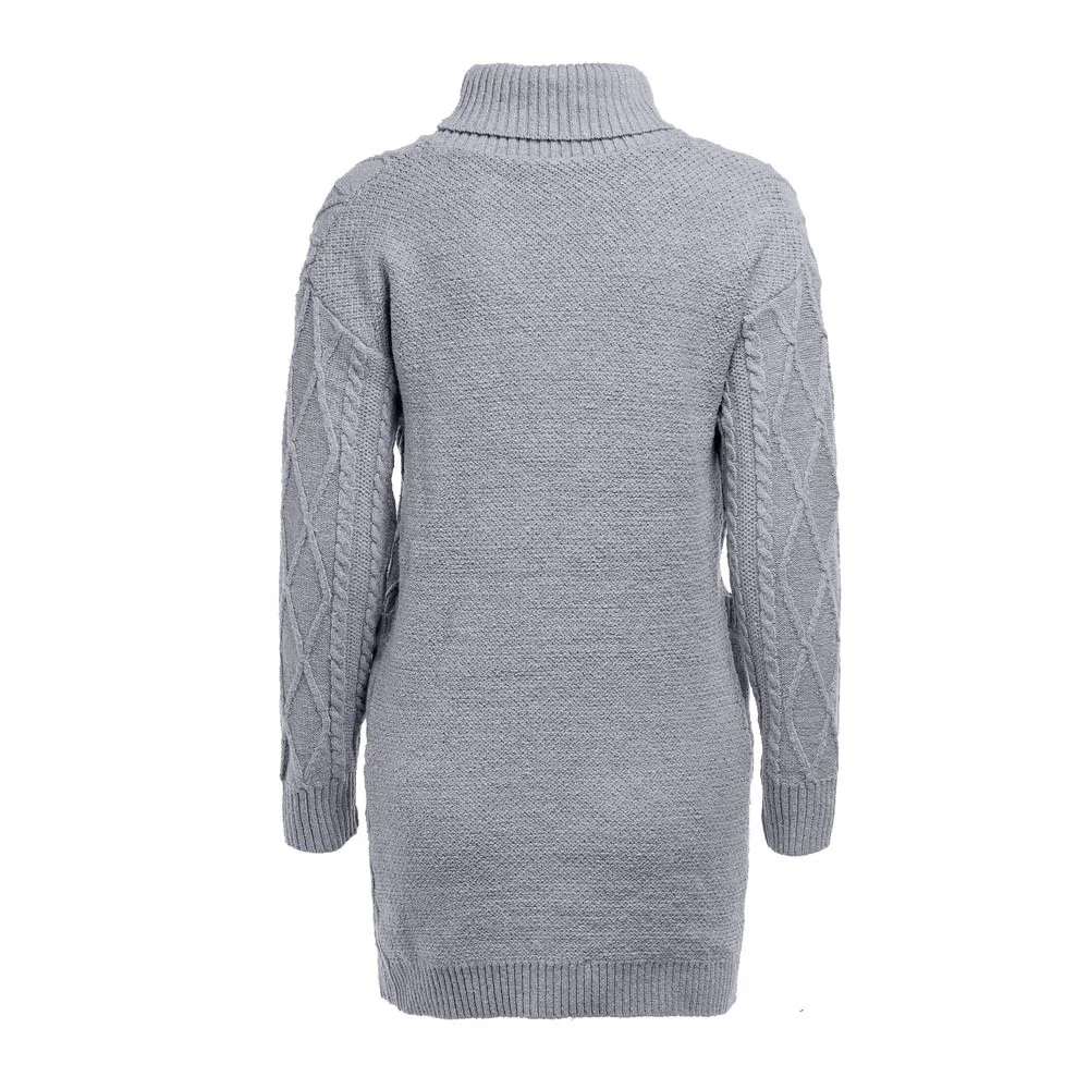 

Women Winter Knitting Dress Vintage Solid Turtleneck Sweater Knit Turtleneck Warm Long Sleeve Pockets Sexy Casual Mini Dress#g