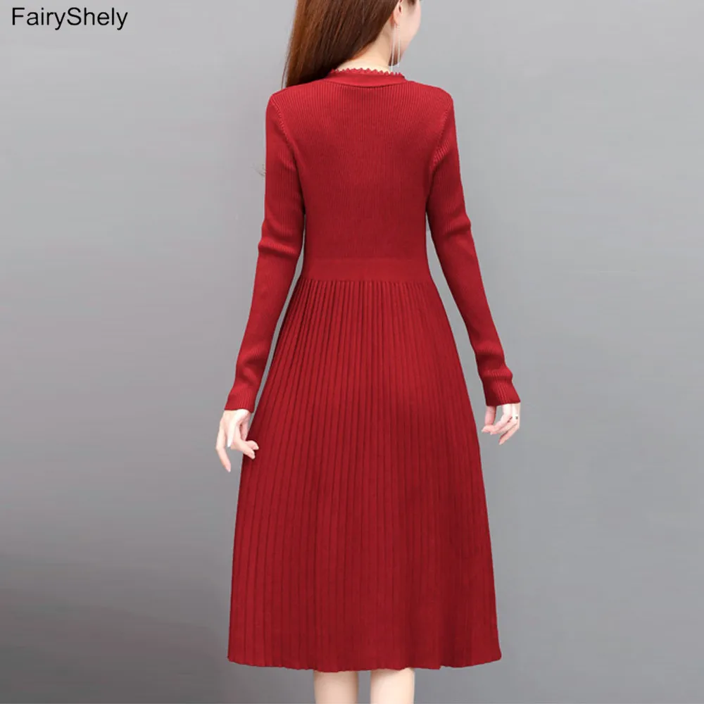 

Fairyshely Vintage Button V Neck Long Sweater Dress Women 2020 Autumn Winter Warm Mid Dress Ladys Casual Knitted Pullover Dress