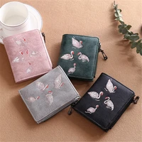 short womens wallet crane embroidery zipper coin purses female pu leather solid color hasp card holder clutch bag money clip