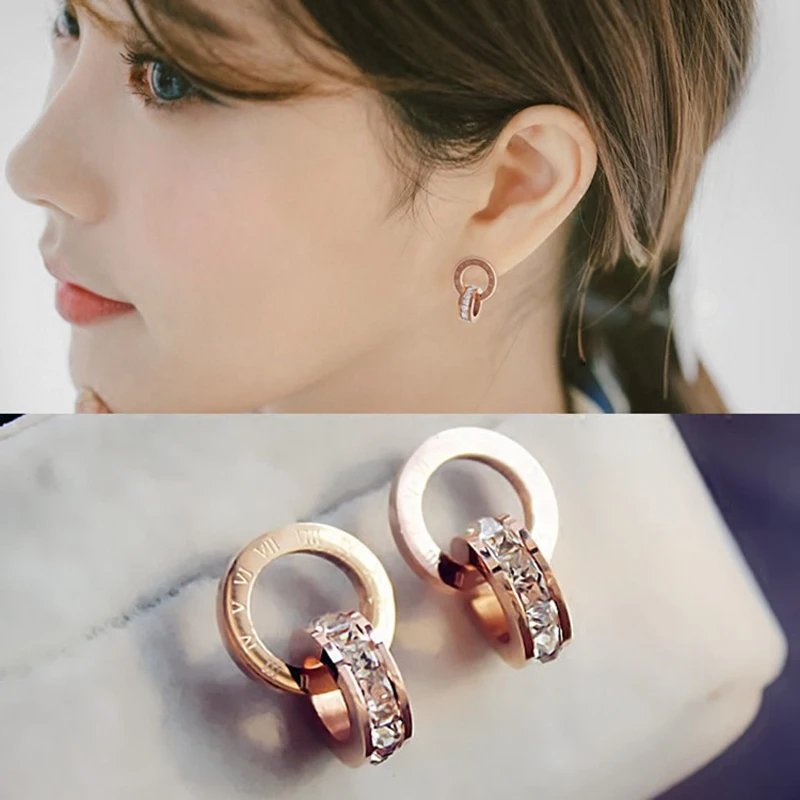 

Korean version of rhinestone rose gold titanium steel Roman digital earrings versatile luxury temperament earrings