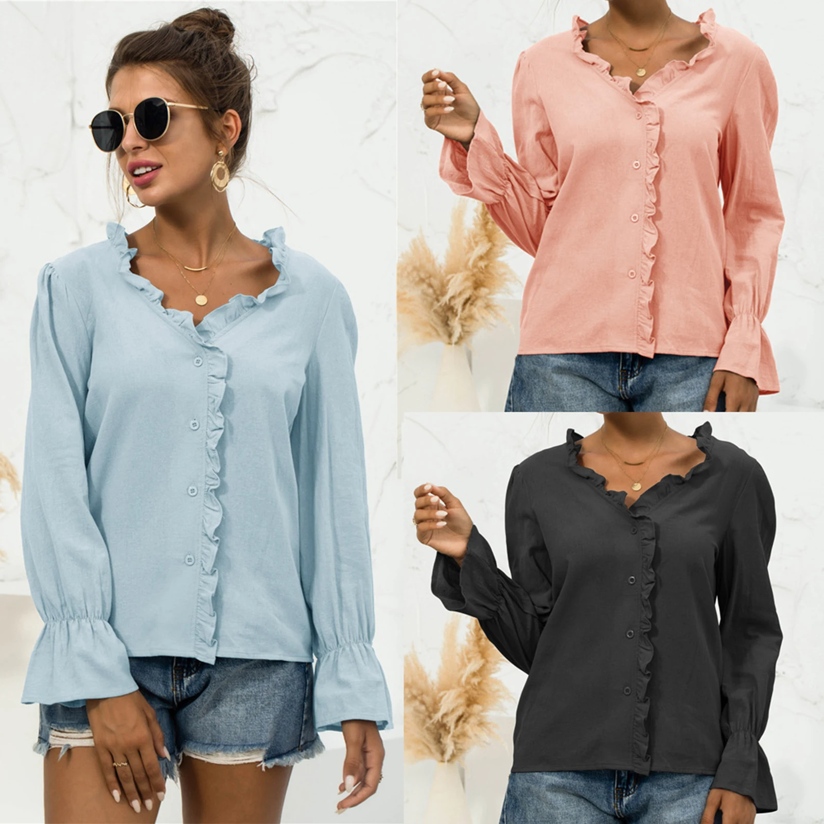 

Ruffle design, long flared sleeves, button elegant shirt, women's fashion casual cute tops, tops, V-neck shirts, solid color shi
