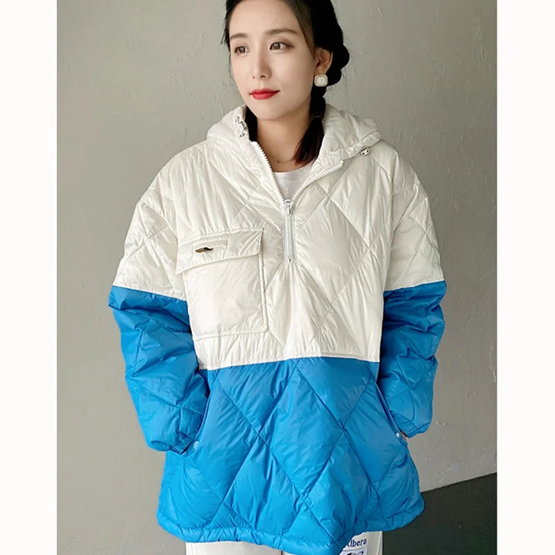 Fashion White Blue Hooded Padded Coat Loose Warm Down Jacket Female Zippers Casual Tops Korean  2021 Womens Pockets Yalabovso
