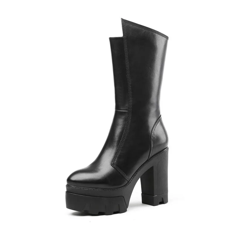 Сапоги на платформе высоком каблуке из натуральной воловьей кожи женские сапоги