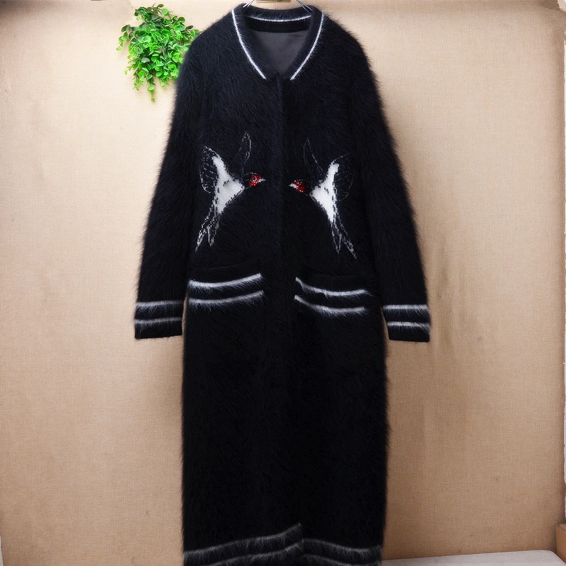 

heavy thick warm woman female black beading Flying Crane mink cashmere long sleeved cardigan button lined inside angora fur coat