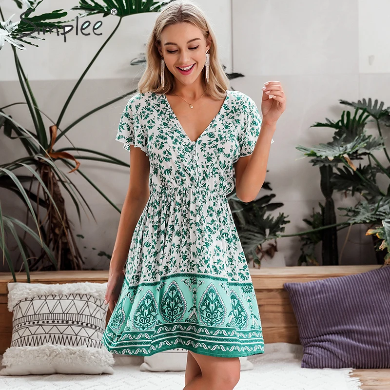 Simplee сексуальное с v образным вырезом bohimian женское летнее платье ТРАПЕЦИЕВИДНОЕ