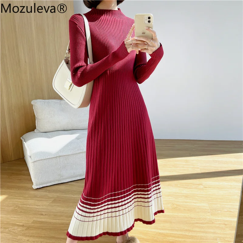 

Mozuleva Autumn Winter Half Turtleneck Women Dress Long Sleeve A-line Female Sweater Dress Ladies Knitting Vestidos 2021