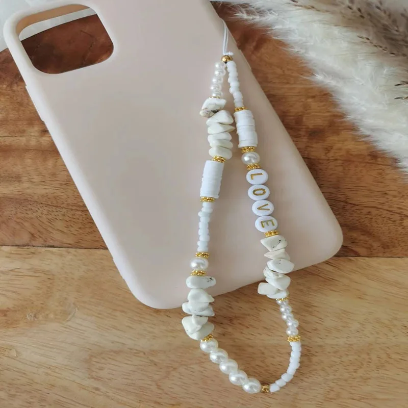 boho pearl shell crystal mobile phone charm chain strap for women girl luxury stone telephone case jewelry anti lost rope new free global shipping