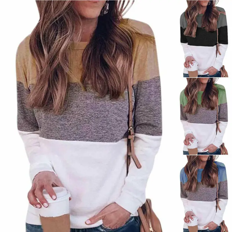 

Womens Colorblock Sweashirts Pullover T-Shirt Tops Casual Long Sleeve Fashion Ladies Patchwork For Female Round Neck Shirts Tees