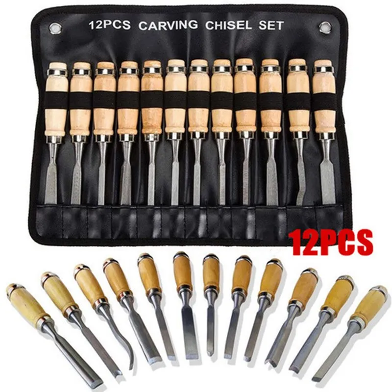 

12 Pcs/bag Carving Chisel Sharp Woodworking Tools Carrying Case Manual Wood Carving Hand Tools Set For Carpenters
