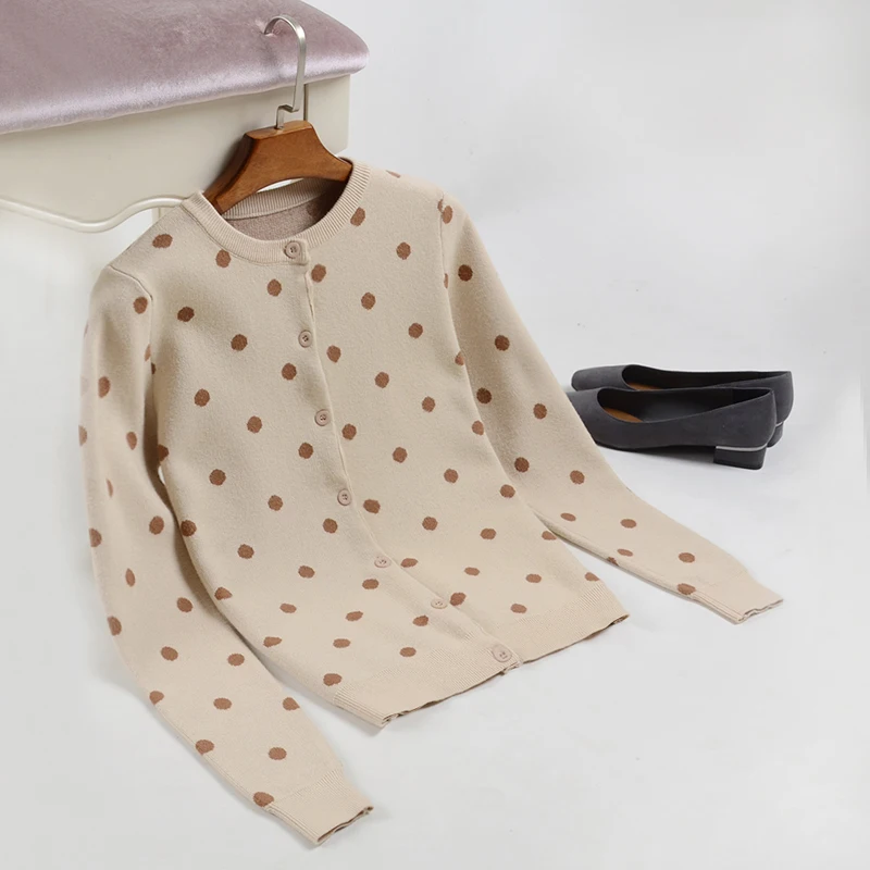 

2019 New Spring Autumn Knitted Cardigans Women Fashion O-Neck Dot Printed Sweater Jacket Female Tops yy66