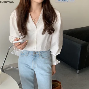 Грибок Гофрированные Топы с длинным рукавом однобортный Кнопка Твердые белые рубашки Офисная Женская 2020 Осенняя Базовая рубашка Blusas