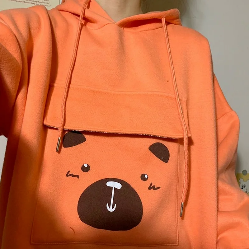 

With Hat Hoodies Women Students Plus Velvet Thicker Oversize Loose Print Pockets All-match Simple Fashion Korean Style New Sweet