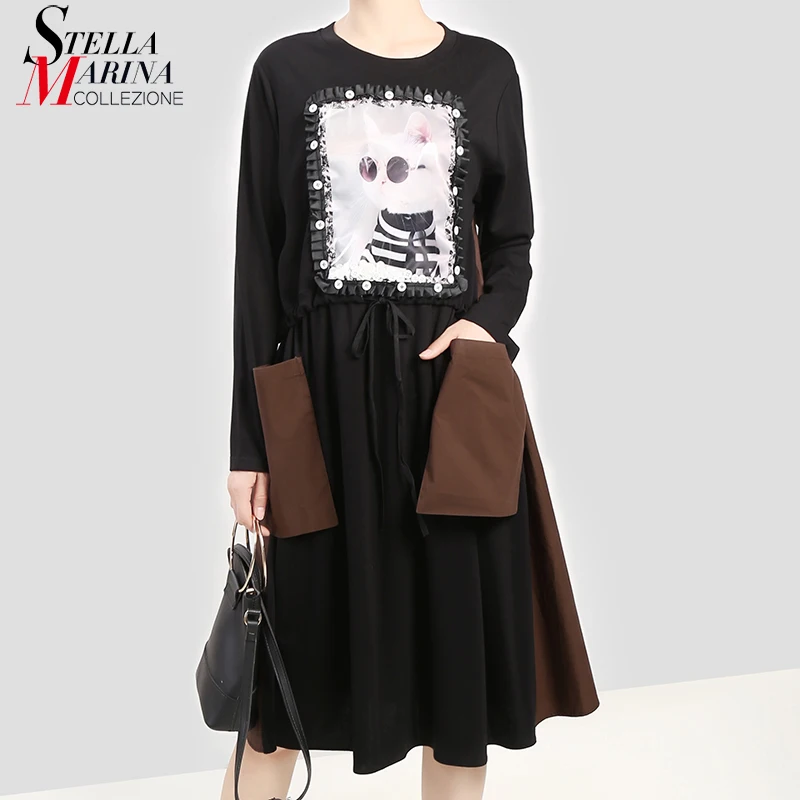 Новинка японский стиль женская мода 2019 зимнее черное платье миди и карман