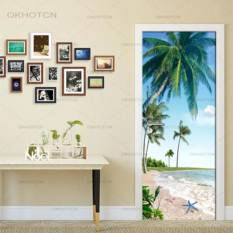 Наклейка на дверь самоклеящаяся с изображением неба кокосового дерева | Дом и сад