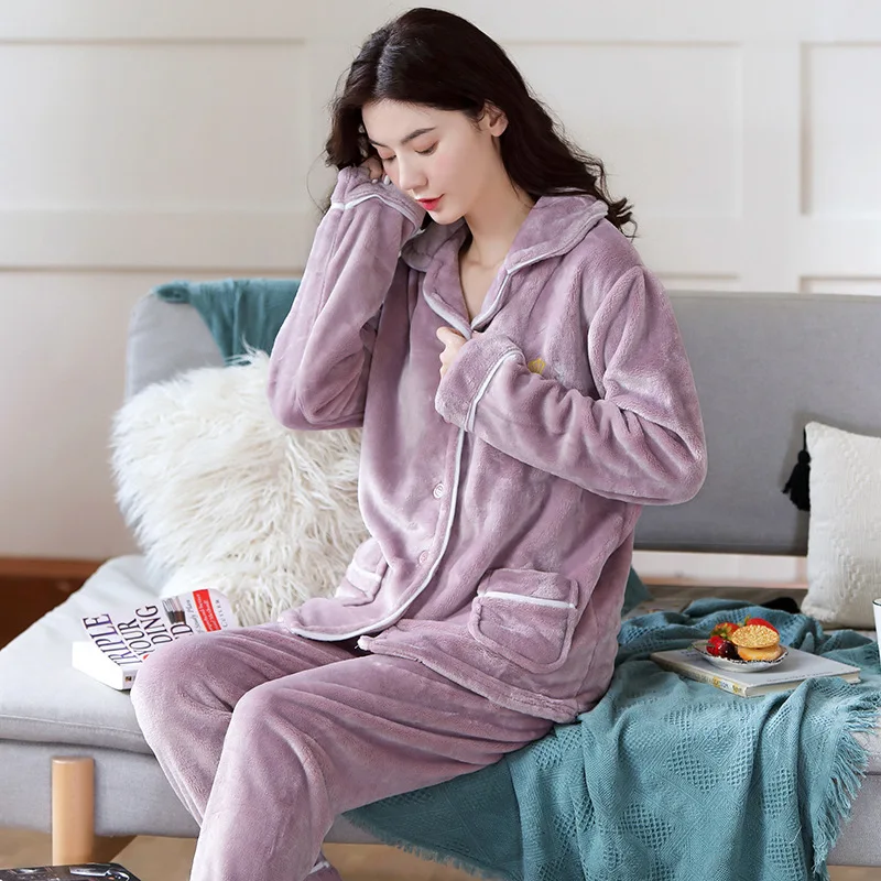 2021 Autumn and Winter Women's Pajamas Long-sleeved Thickened Flannel Cardigan Pijamas Women Home Service Sleep Tops Sleepwear