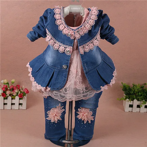6015 pink Одежда для новорожденных девочек, кружевная джинсовая куртка с цветочным рисунком+ футболка+ джинсы, одежда для маленьких девочек Детский костюм комплект одежды для малышей - Цвет: 6015 pink