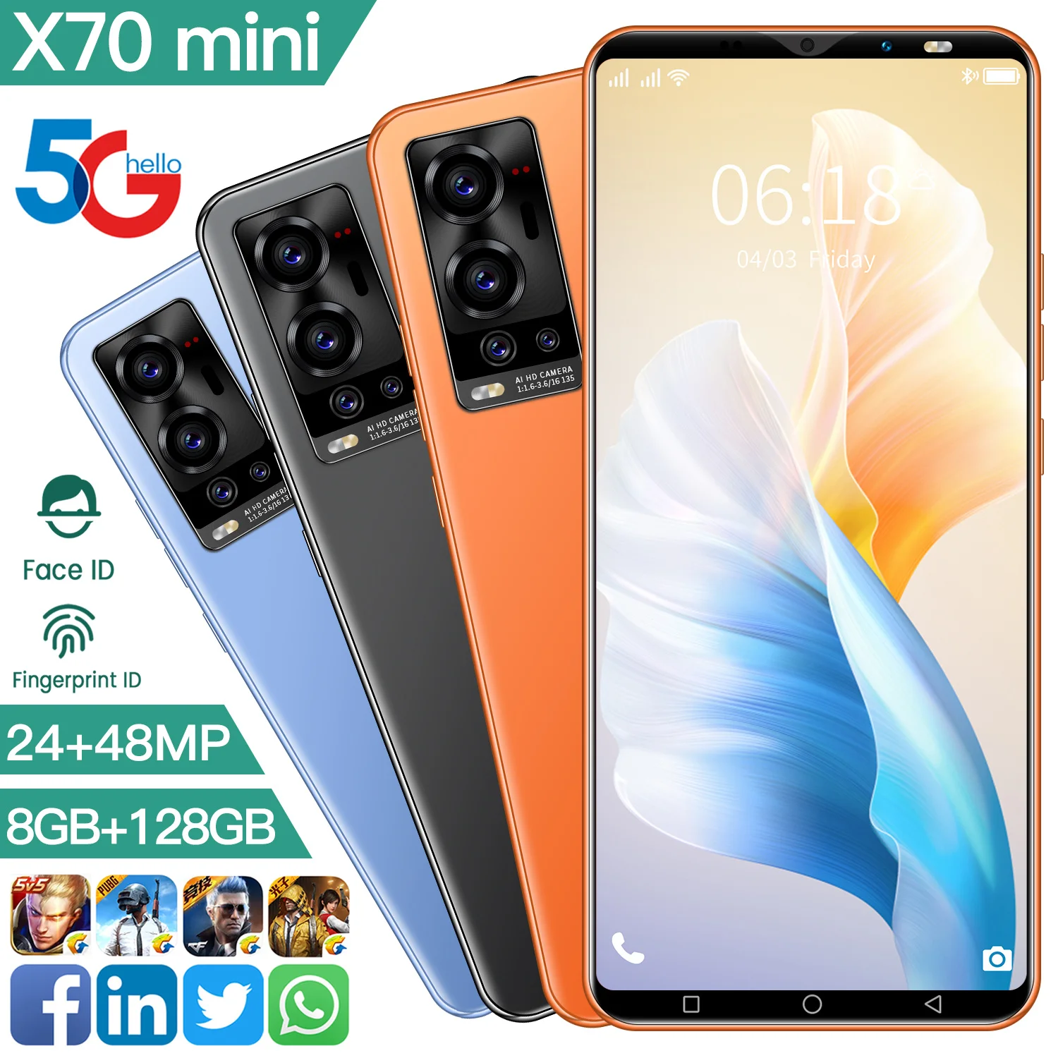 

X70mini 5.1 Inch 24+48MP Dual SIM Face Fingerprint ID Smart Phone 4+128GB 1080X2320 5G Network Andriod 10 Cell Phone MTK6889