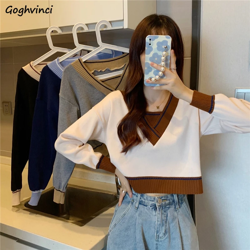 Женский укороченный пуловер с V-образным вырезом свободный трикотажный свитер в