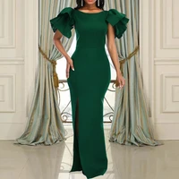 2021 christmas long green prom dresses with slit elegant bubble sleeve african women party dress plus size evening formal gowns