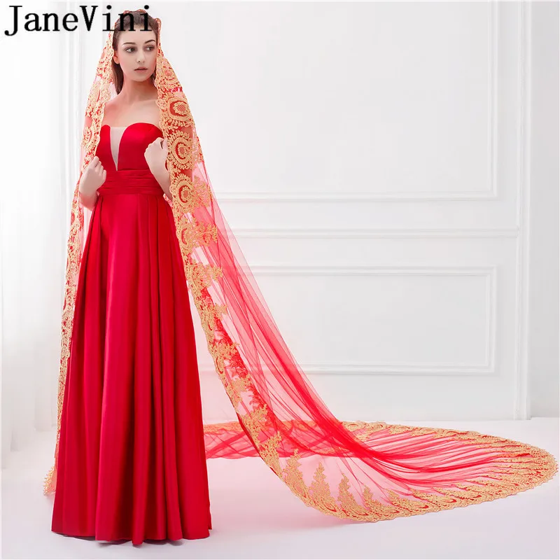 Красная изящная свадебная фата jaevini длиной 3 5 метра Арабская Однослойная Золотая