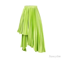 green irregular pleated skirt female 2021 summer clothing new womens fashion high waist temperament skirt femme nancylim
