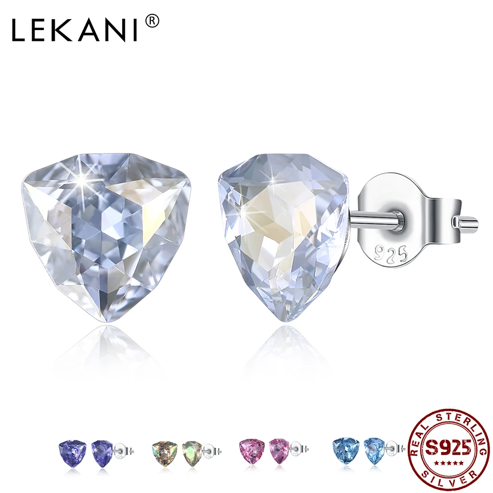 

LEKANI 925 Sterling Silver Triangle Stud Earrings Twinkle Multicolor Austrian Crystal Earrings Ladies Engagement Fine Jewelry
